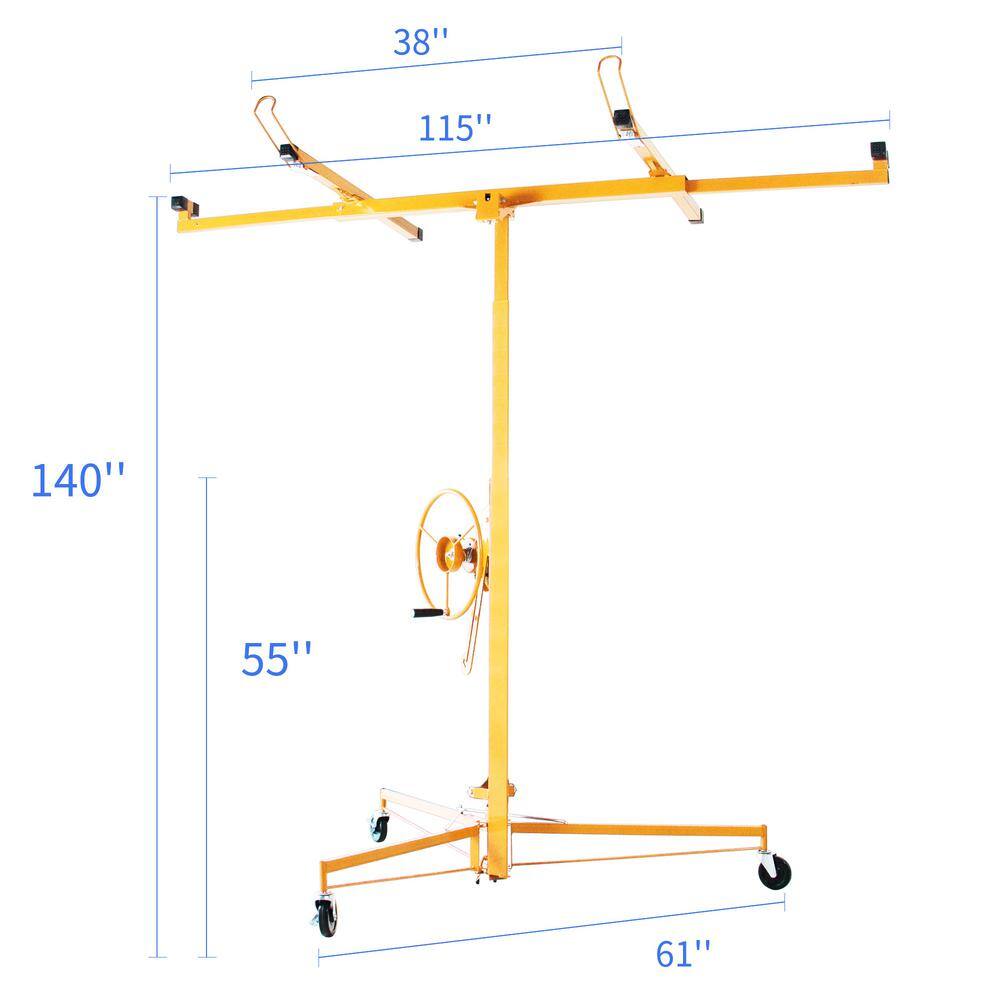 Kahomvis 11 ft. Heavy-Duty Steel Drywall Lift Drywall Panel Hoist in Yellow with Wheel Base Heng-LKW3-67