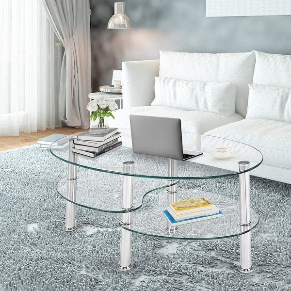 SUGIFT Tempered Glass Oval Side Coffee Table Shelf Chrome Base Living Room Clear