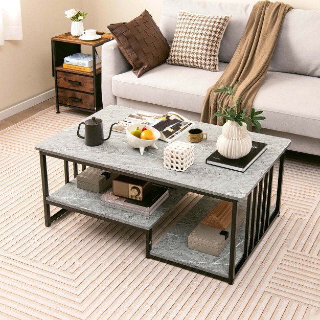 Costway Faux Marble Coffee Table Rectangular 2 tier Center Table With Open Storage Shelf