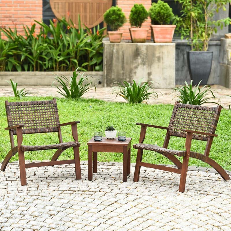 3 Pcs Rattan Wooden Outdoor Table & Chair Set Patio Bistro Conversation Set