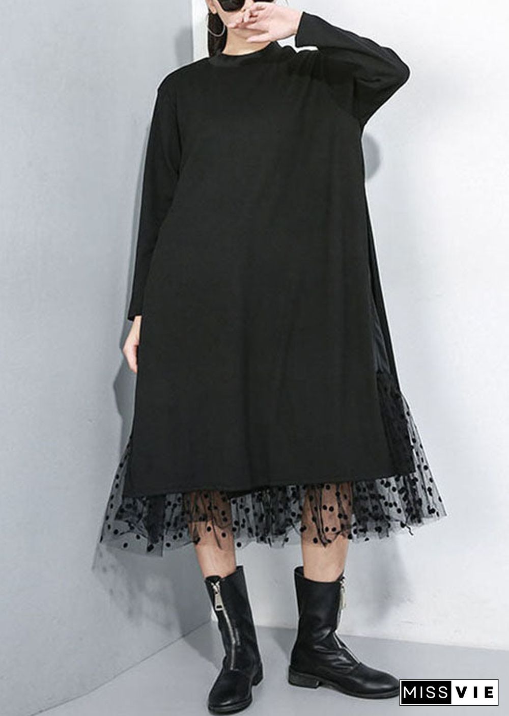 Women Black Asymmetrical Tulle Patchwork Cotton Maxi Dresses Spring