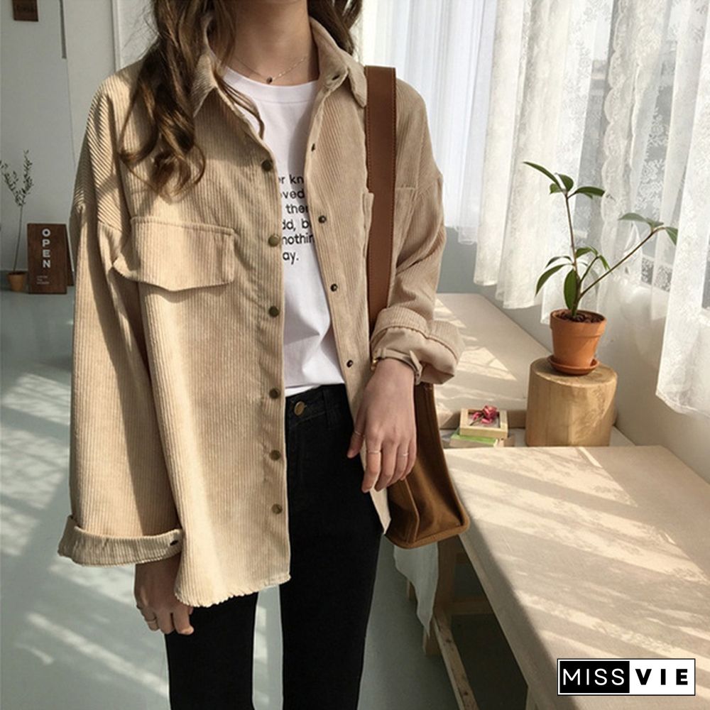 Women Vintage Spring Autumn Loose Shirts Korean Style Solid Color Blouse Long Sleeve Corduroy Coat