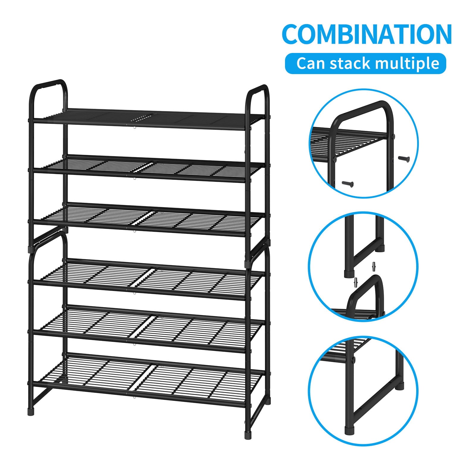 Simple Trending 3-Tier Stackable Shoe Rack， Expandable and Adjustable Shoe Shelf Storage Organizer， Wire Grid， Black