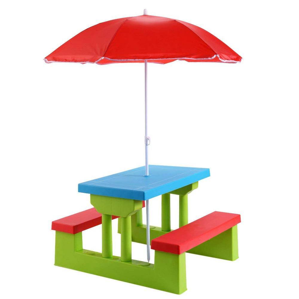 Kids Rectangualr Plastic Outdoor Picnic Table with Bench and Umbrella HY-OP70475