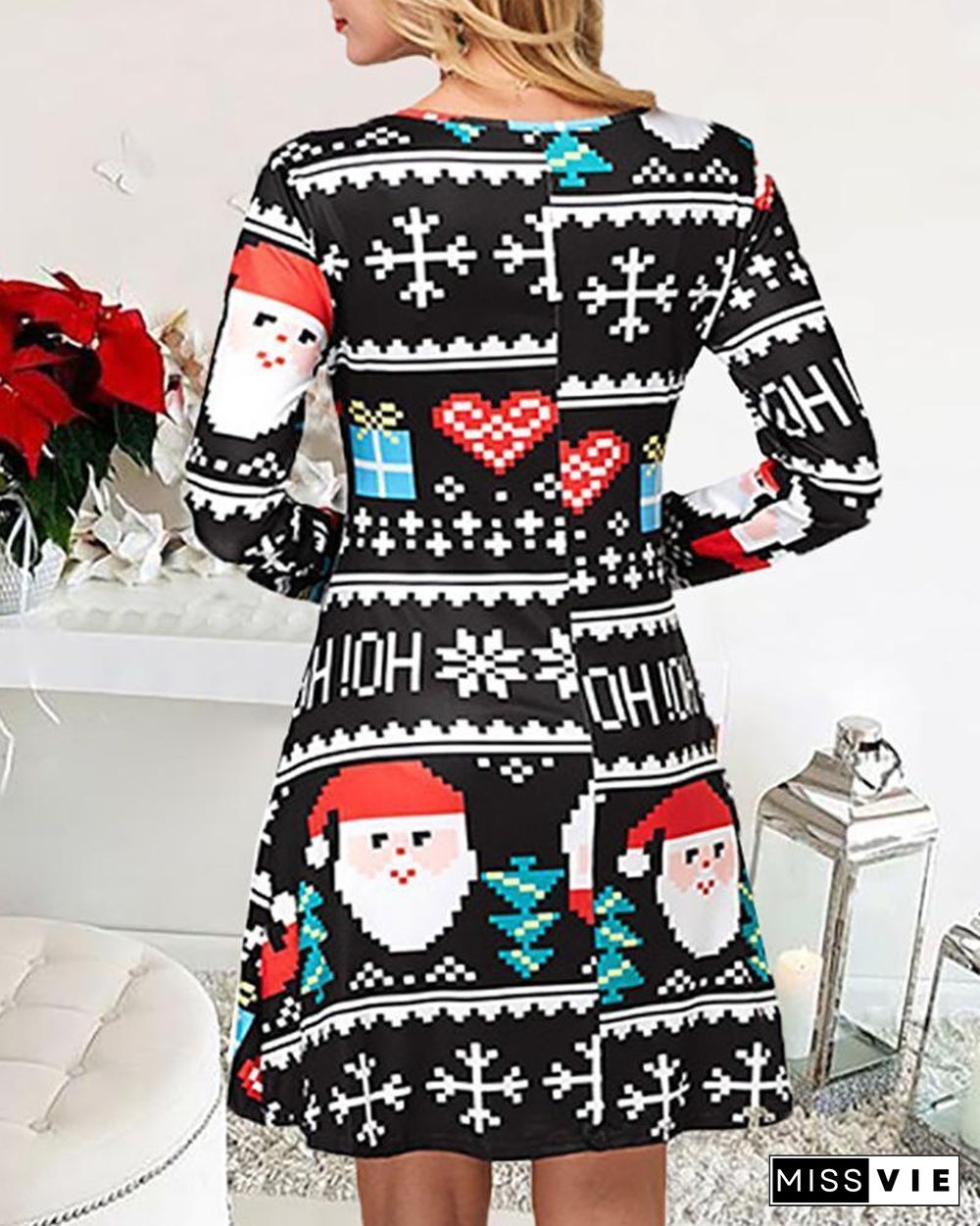 Christmas Print Long Sleeve Casual Dress P10822