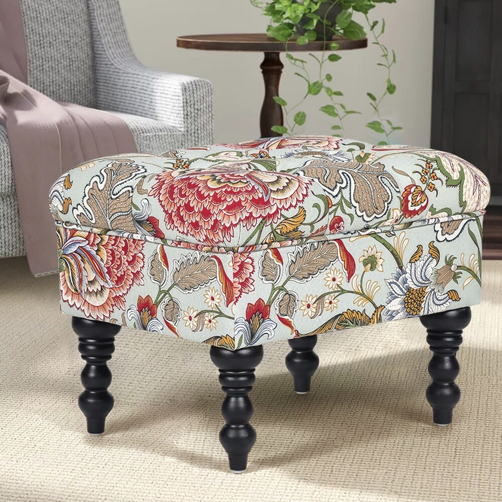 Adeco Ottoman Stool Tufted Foot Rest Fabric Floral Vanity Stool