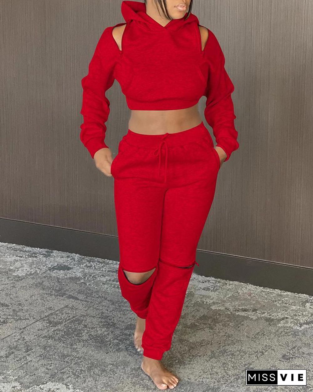 Cutout Crop Hooded Top & Drawstring Pants Set P11176