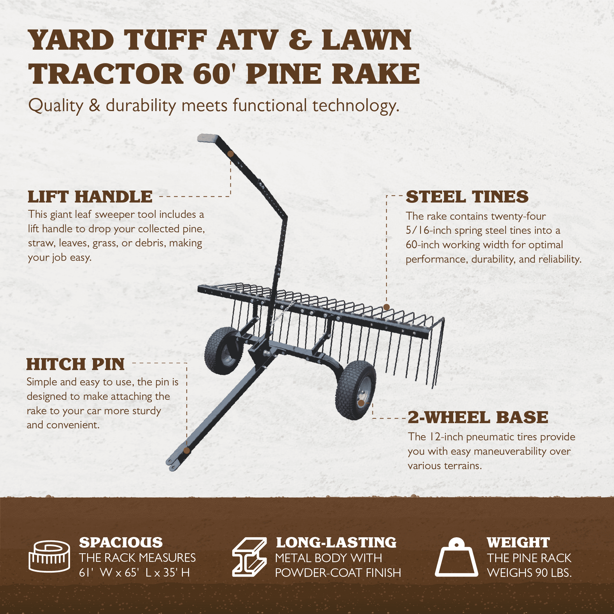 Yard Tuff 60in Pine Straw Tow Behind Steel Landscape Rake w/Wheels & Handle