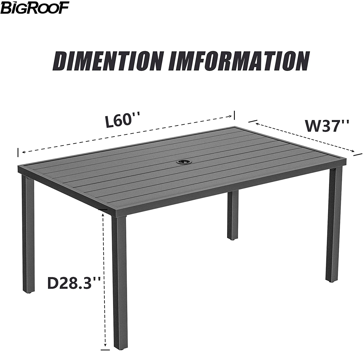 Bigroof Outdoor Table 60 Patio Galvanised Steel Metal Classic Rectangle Black Dining Table with 1.57 Umbrella Hole for Garden, Backyard, Deck