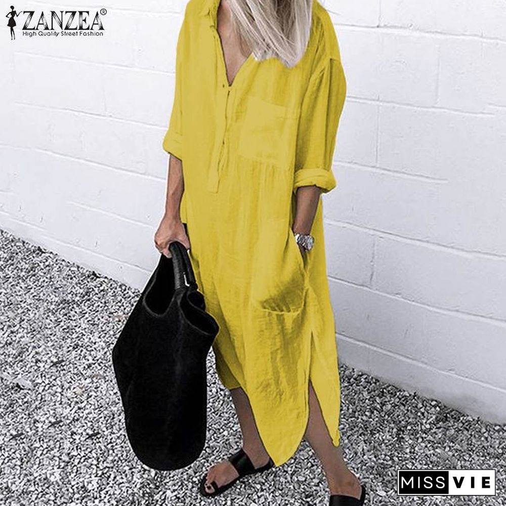 ZANZEA Elegant Women Spring Lapel Neck Long Sleeve Cotton Linen Dress Solid Sundress Long Shirt Dress Baggy Split Hem Vestido