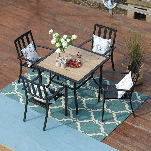 MAISON ARTS 5piece Faux Wood Table and Metal Stackable Chairs Patio Set