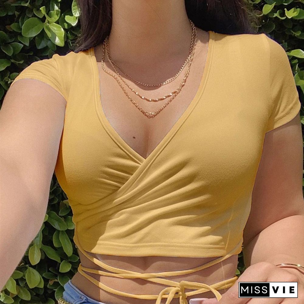 Women Fashion Solid Color Sexy V-neck Crop Tops Slim Fit Summer Short Sleeve Tank Top T Shirts