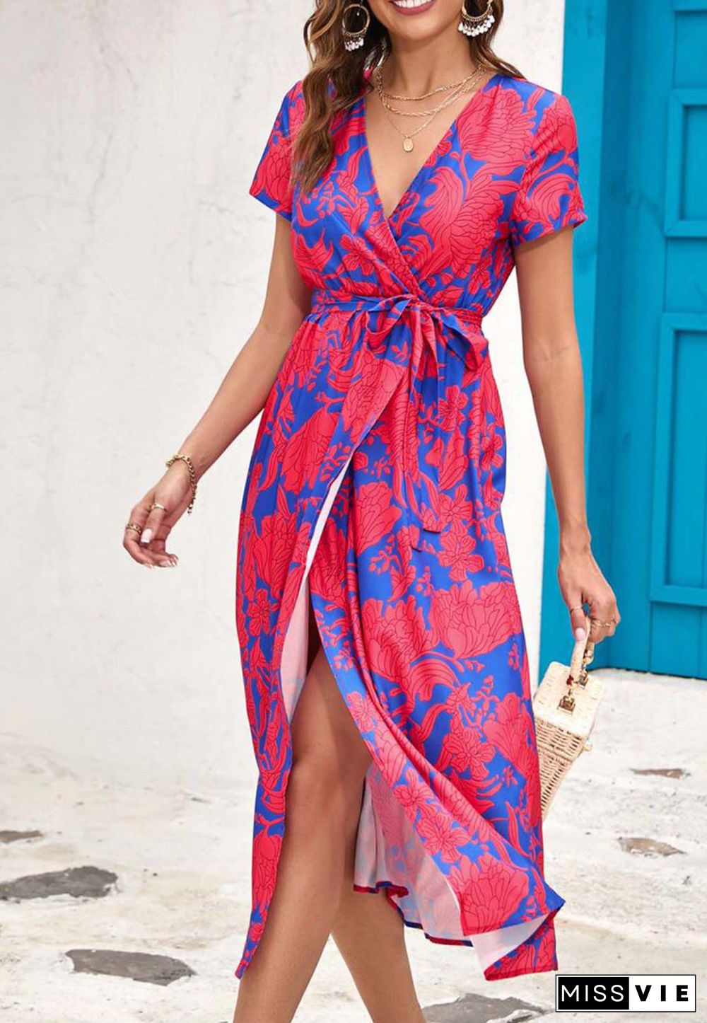 Printed Surplice Neck Midi Dress