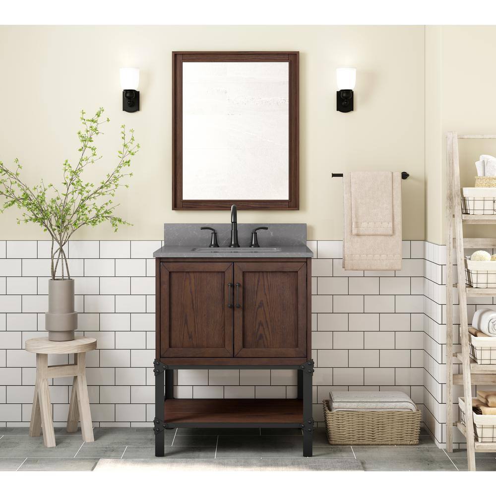 Home Decorators Collection Alster 30 in. W x 22 in. D x 34.5 in. H Vanity in Brown Oak with Engineered Calacatta Grey Marble Top and White Sink TJ-0401V3022BR