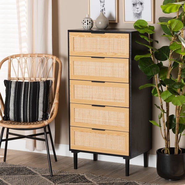 Maureen Mid-Century Modern Espresso Brown Wood and Rattan 5-Drawer Storage Cabinet - - 36118438