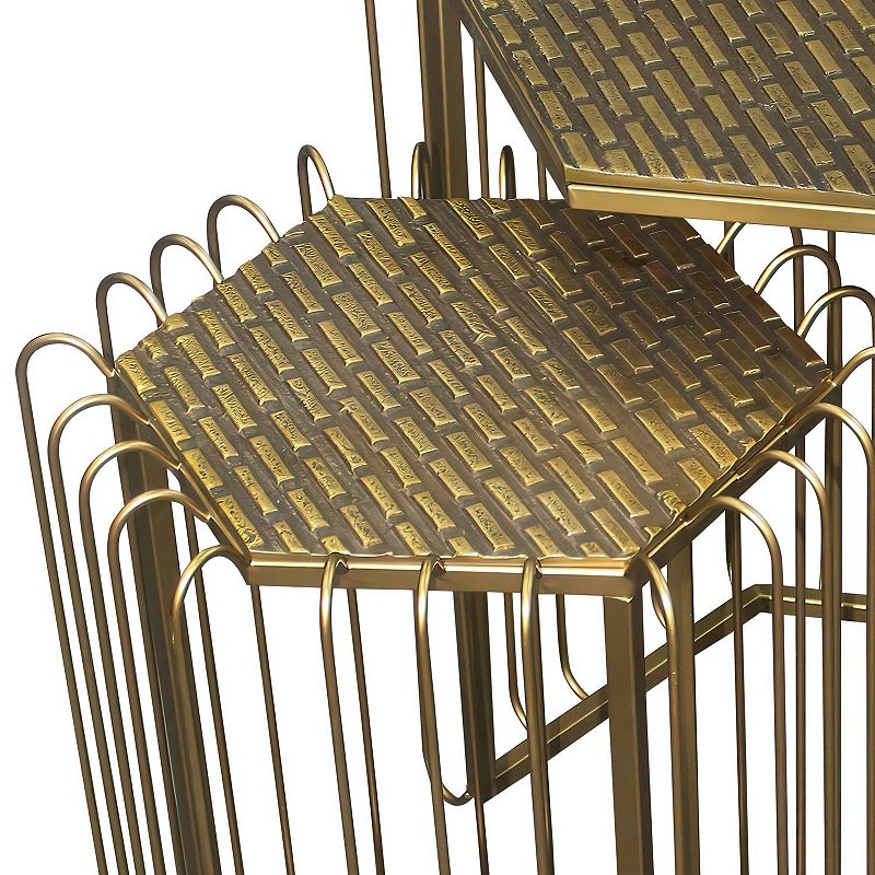 22， 19 Inch 2 Piece Nesting End Side Table Set， Hexagonal Top， Wire Frame， Metal， Antique Brass