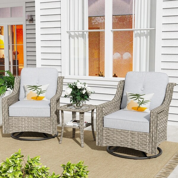 XIZZI 3Piece Swivel Rocking Chair Rattan Wicker Outdoor Patio Furniture Bistro Set