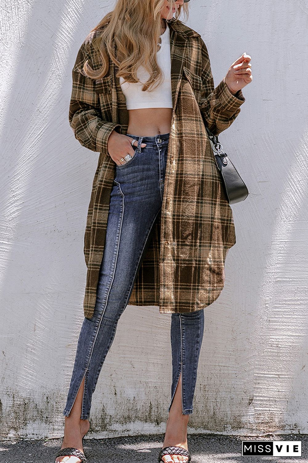 Plaid Long Length Open Button Jacket Coats