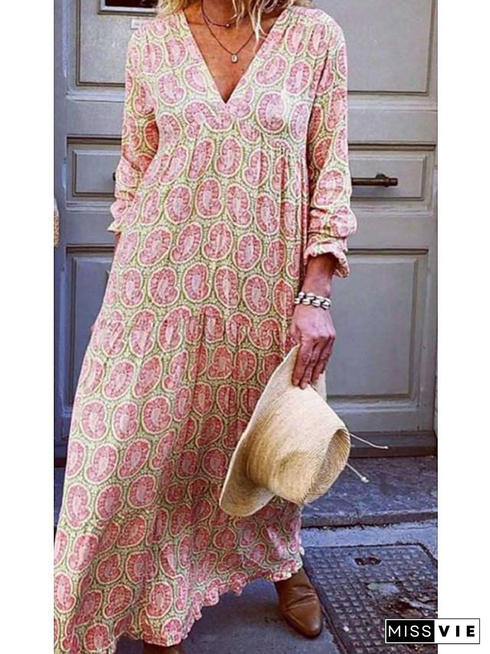 Women's A-Line Dress Maxi long Dress - Long Sleeve Print Patchwork Print Fall Winter Casual Blue Yellow Blushing Pink S M L XL XXL