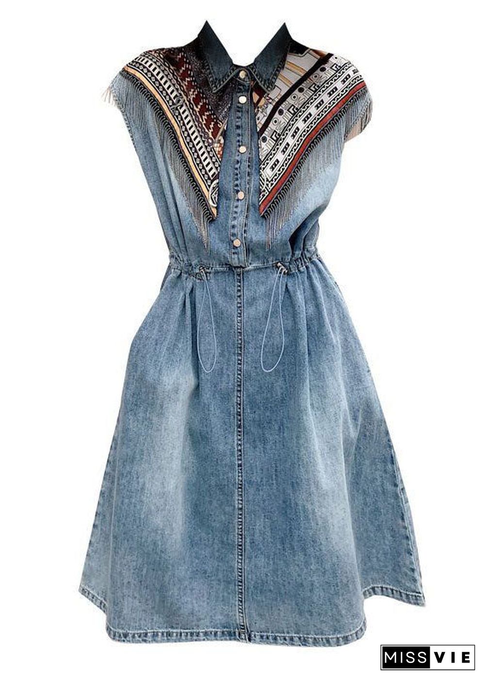 Modern Blue Peter Pan Collar Patchwork Drawstring Denim Mid Dress Short Sleeve