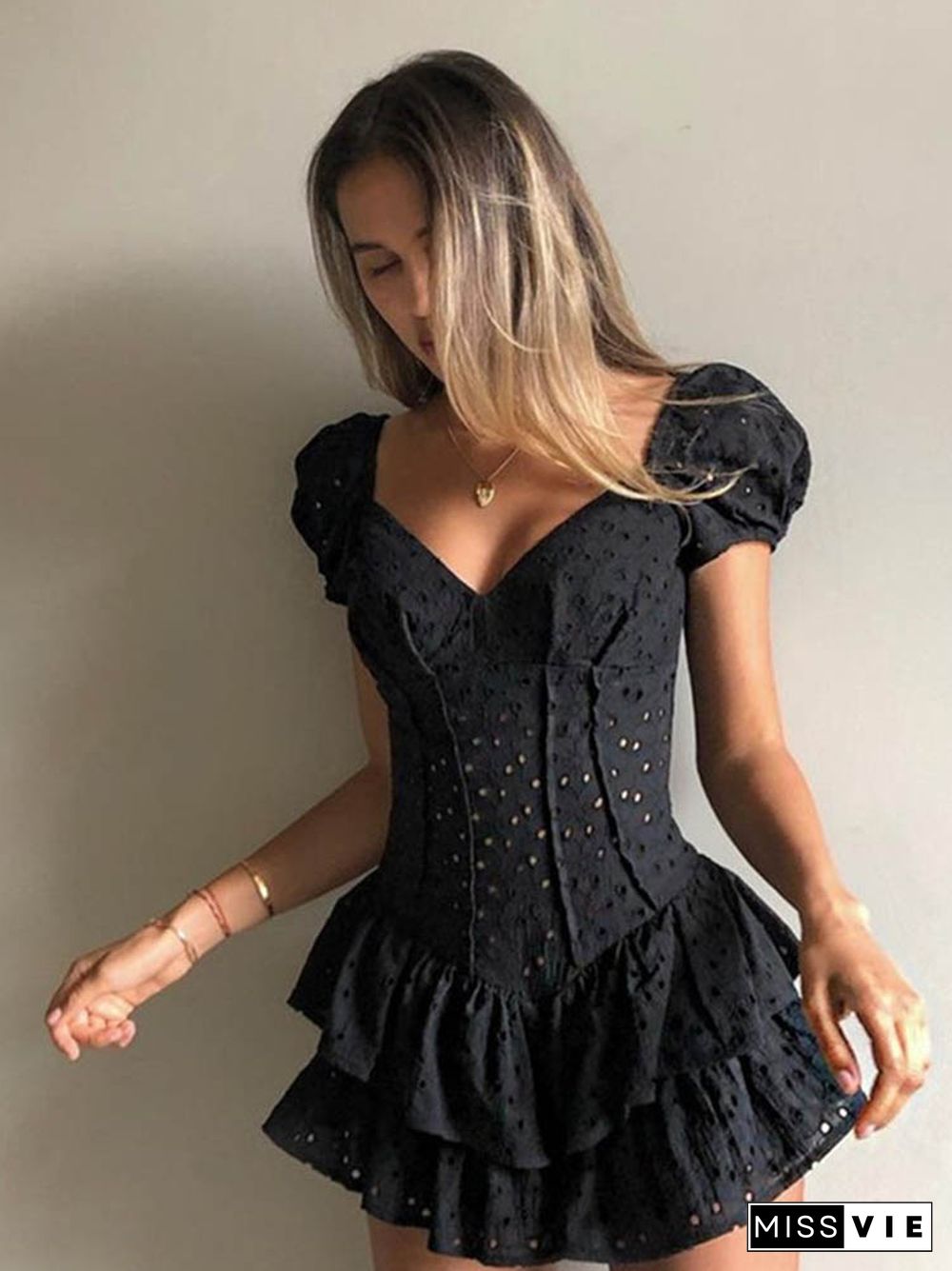 Fashion V Neck Ruffles Pleated Dress Women Puff Sleeve Chic Black Summer Dress Party Hollow Out Vintage Corset Ladies