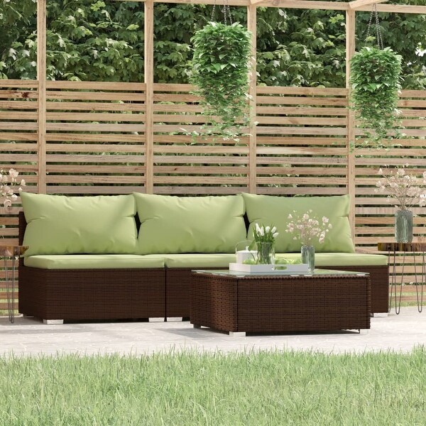 4 Piece Patio Lounge Set with Cushions Brown Poly Rattan