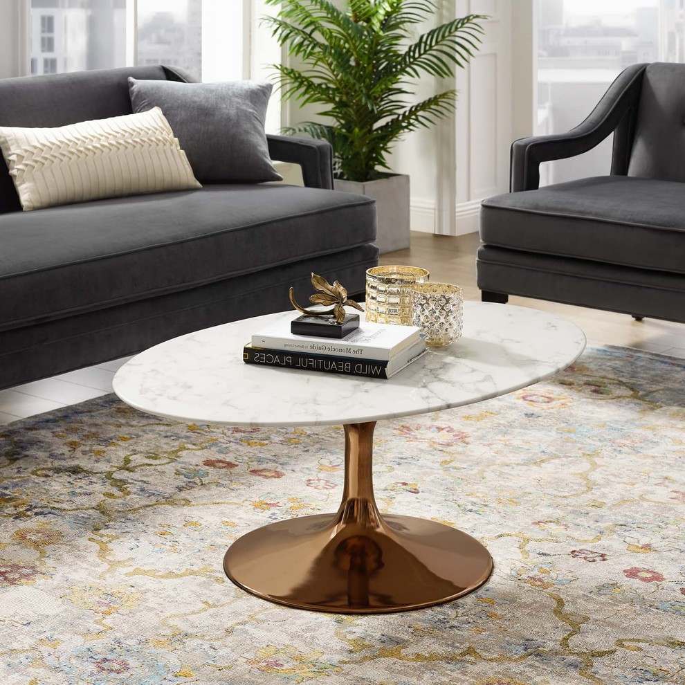 Modern Deco Living Coffee Table  Metal Steel Artificial Marble  White Rose Gold   Midcentury   Coffee Tables   by House Bound  Houzz