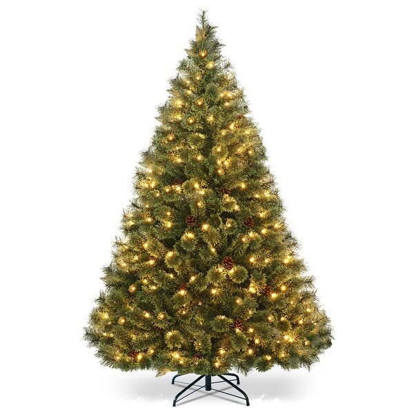 Gymax 6FT Prelit Flowering Artificial Green Hinged Christmas Tree PVC