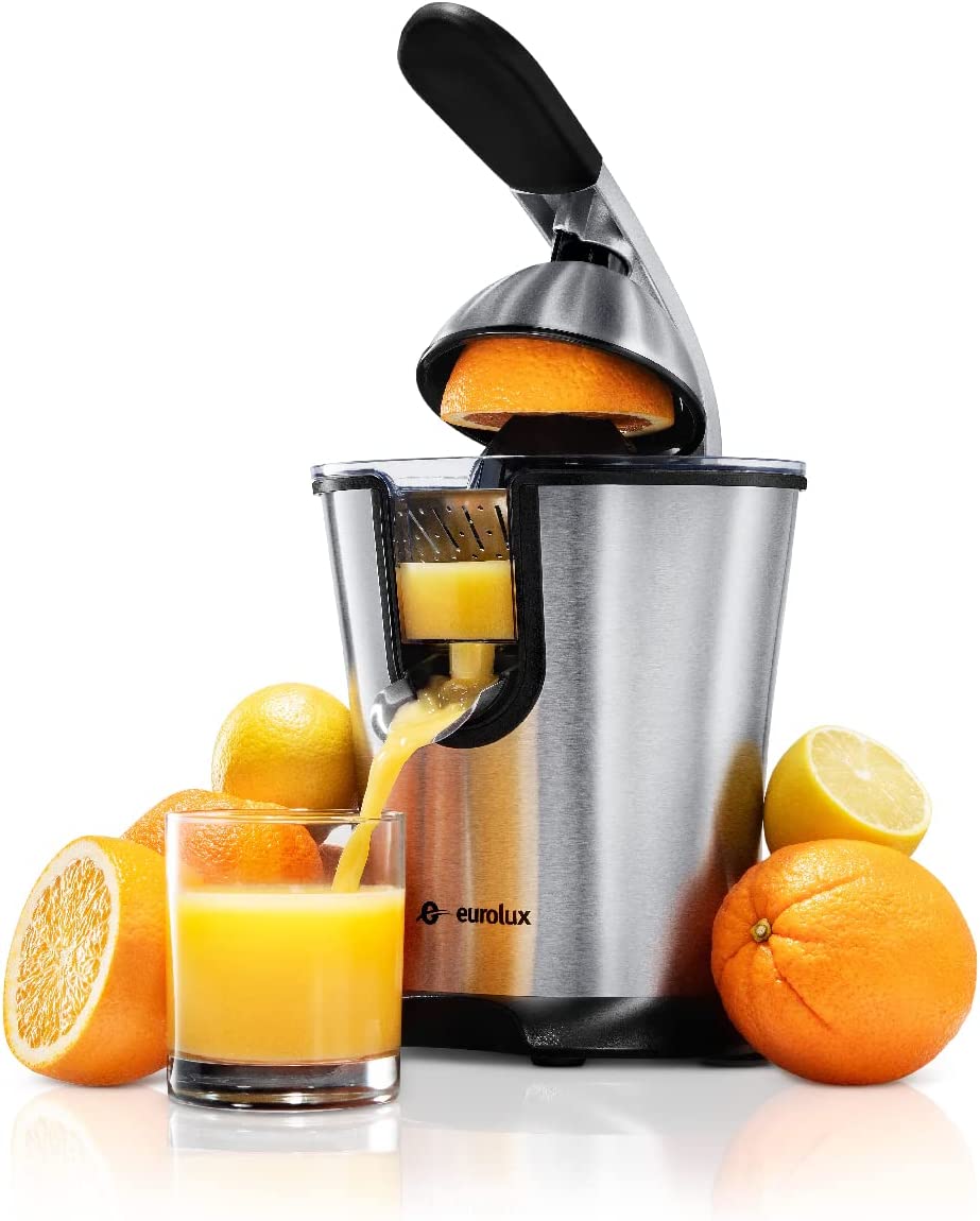 Eurolux ELCJ-1600 Electric Citrus Juicer - Powerful Electric Oranges Juicer and for Lemons with New and Improved Juicing Technology - Stainless Steel Orange Juicer with Soft Grip Handle and Cone Lid