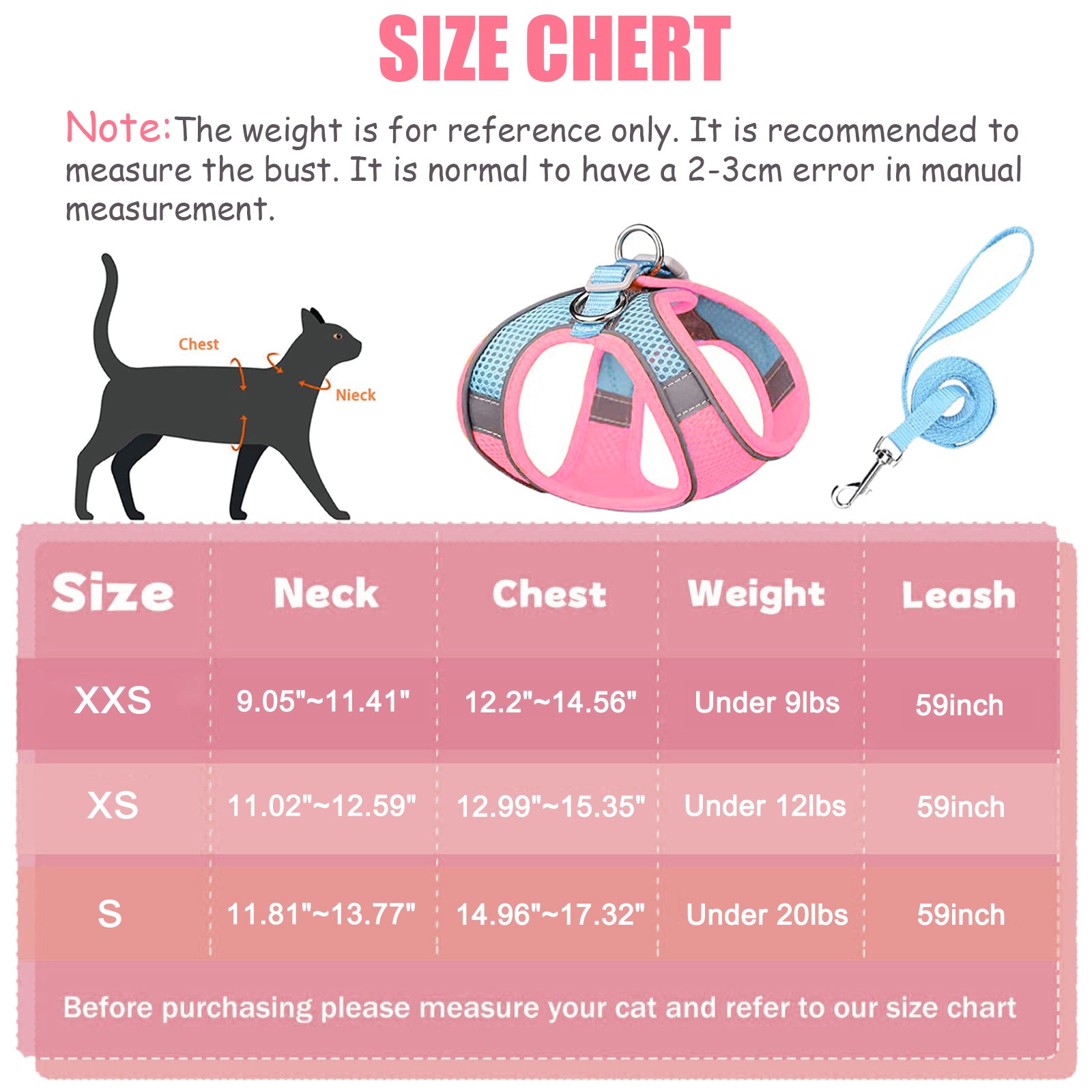 Cat Harness and Leash， Escape Proof Cat Vest Dog Walking Leash and Harness Set， Adjustable Step in Pet Harness， Reflective Breathable Easy Control Vest for Small Large Kitten Dog Outdoor， Pink 2XS