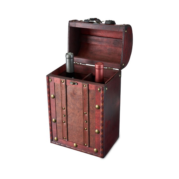 Twine Antique 2 Bottle Wooden Decorative Wine Box With Lid And Handle Wood Faux Leather Brass Accents