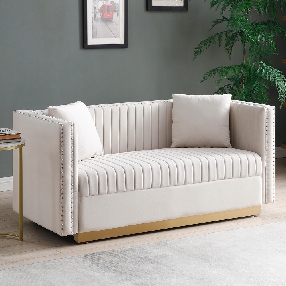 Vertical Tufted Sofa Set Velvet Sectionals Sleeper Loveseat 2pcs Recliner Couch w/ 4 Pillows for Living Room  Beige