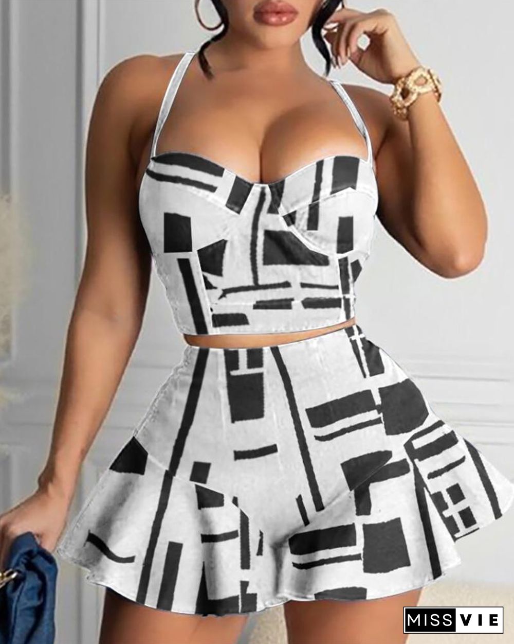 Abstract Print Halter Crop Sleeveless Top & Skirt Sets