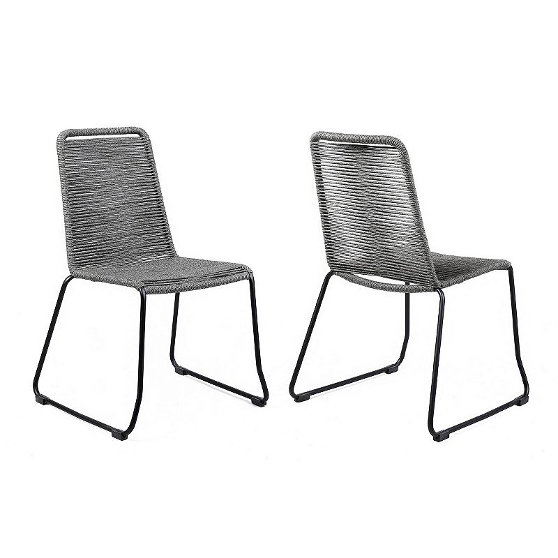 Metal Outdoor Dining Chair with Fishbone Weave， Set of 2， Gray and Black