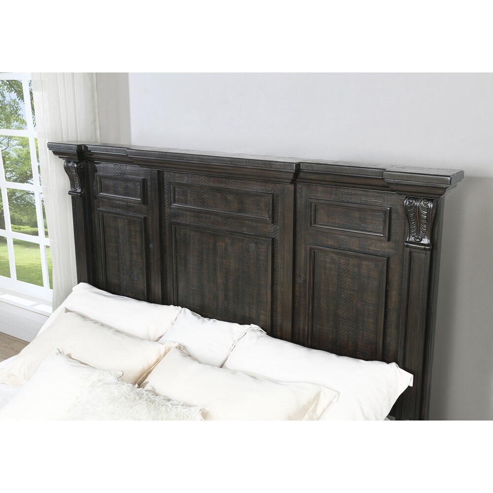 Roundhill Furniture Farson Distressed Dark Walnut Finish Wood Panel Bed  Dresser  Mirror  Two Nightstands