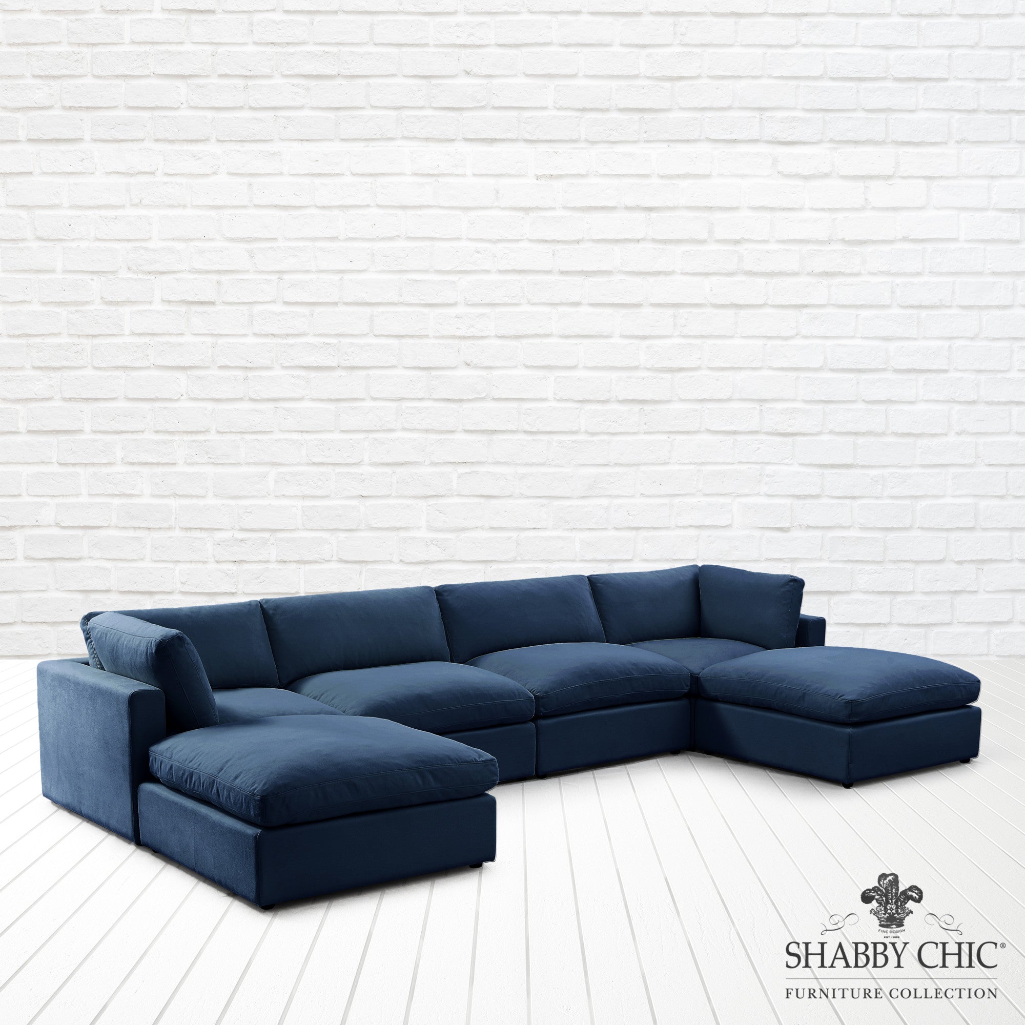 Shabby Chic Saniyah Navy Linen Sofa U-Chaise Sectional