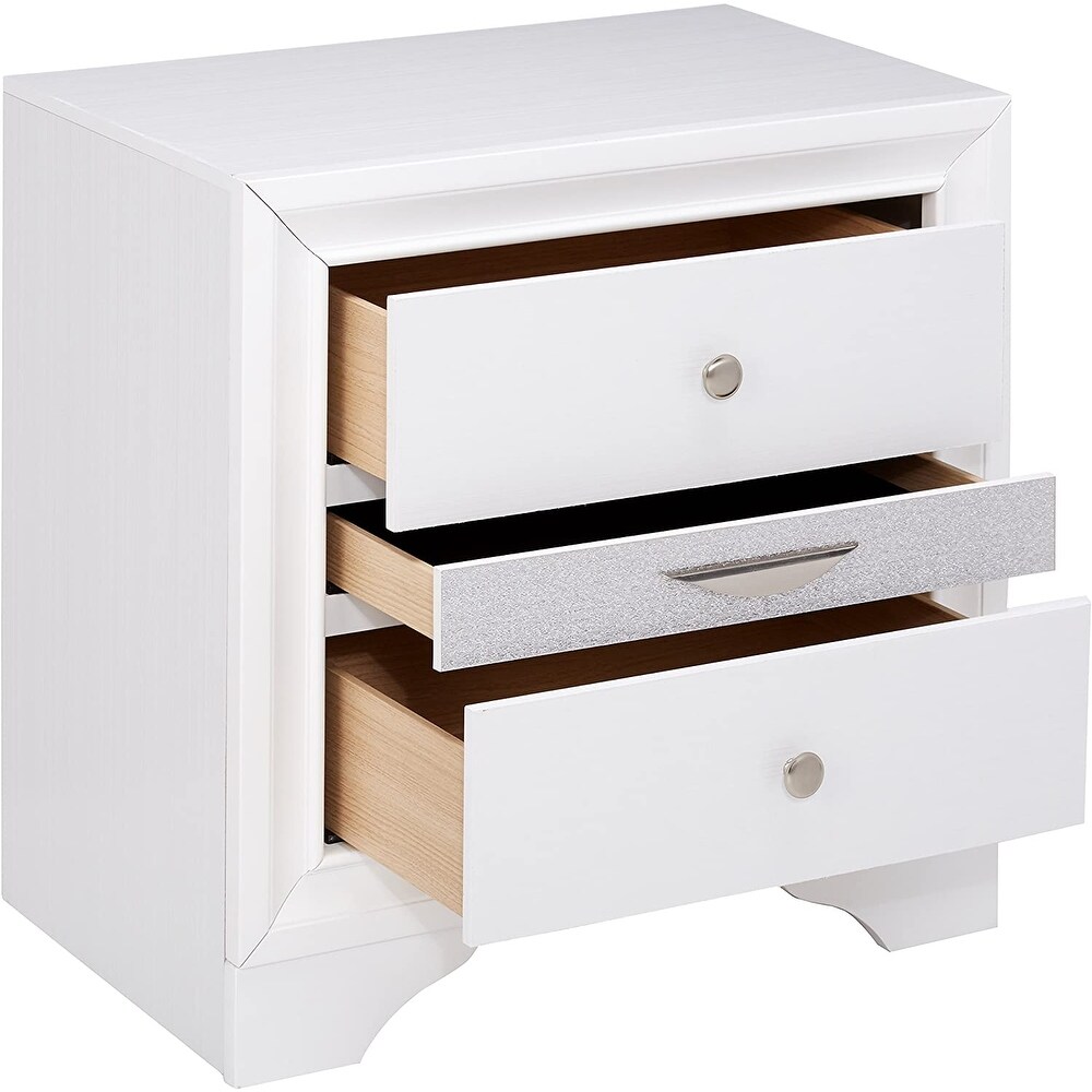 White Wood Naima Nightstand   Contemporary Style  No Assembly  3 Drawers