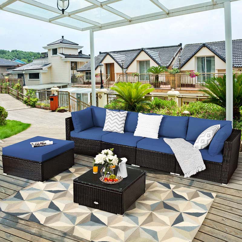 6 Pcs Outdoor Rattan Sectional Sofa Set with Coffee Table & Removable Seat & Back Cushions