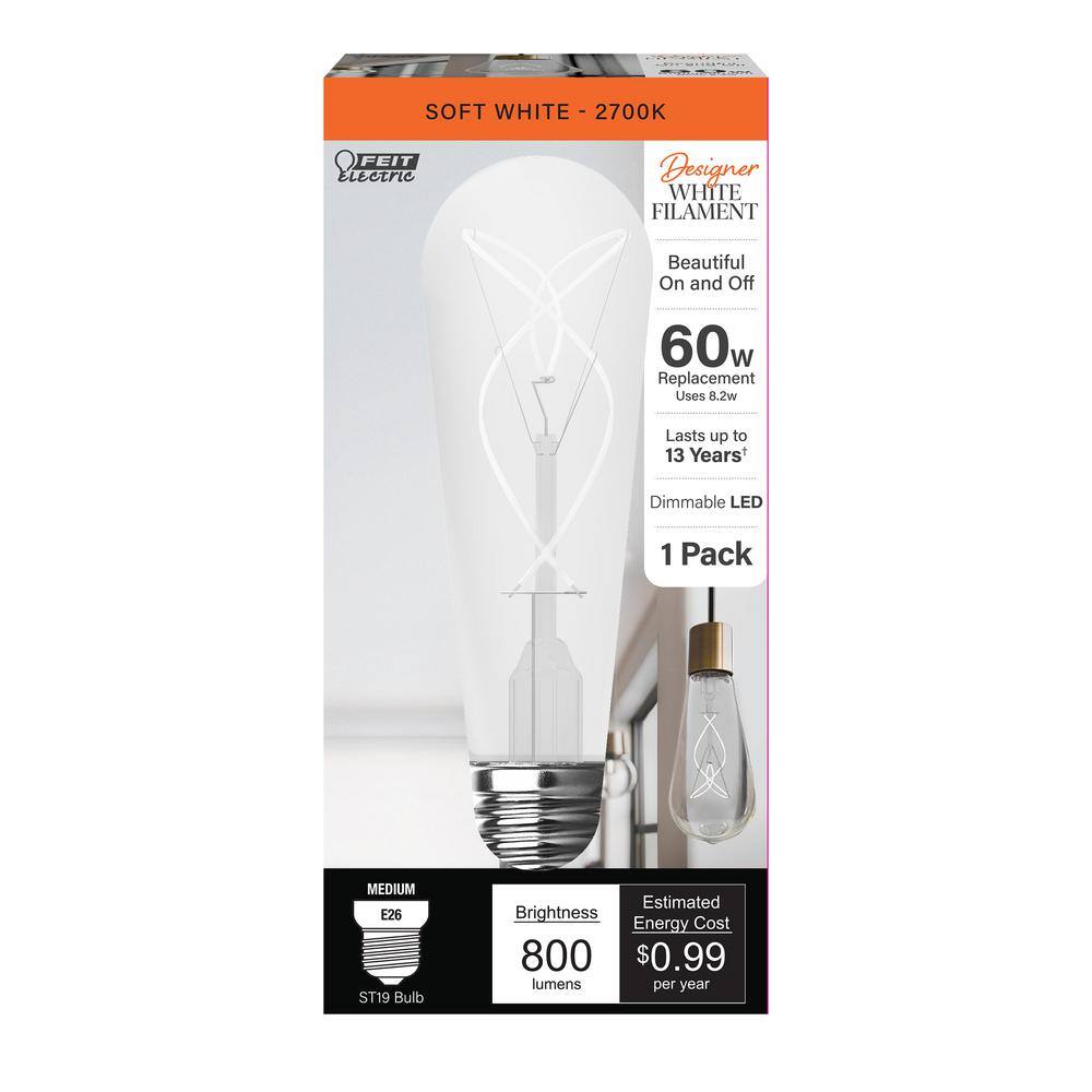 Feit Electric 60-Watt Equivalent ST19 Dimmable Knot White Thin Filament Clear Glass E26 Vintage Edison LED Light Bulb Soft White 2700K ST1960S3927WFILHDRP