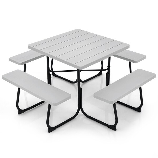 Outdoor Picnic Table with 4 Benches and Umbrella Hole