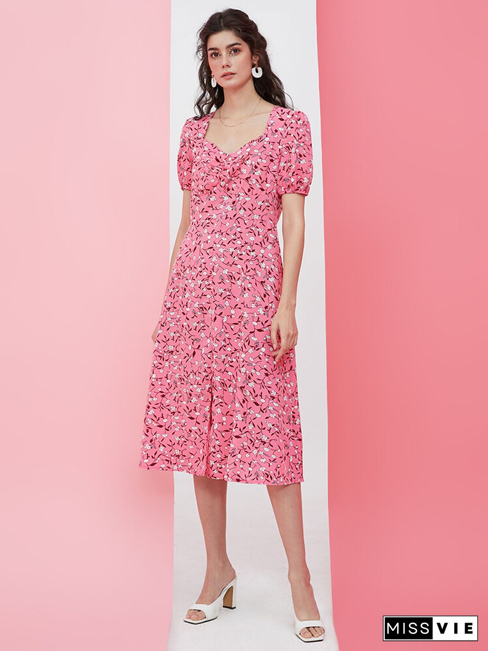 Floral Print Puff Sleeve Slit Ruched Square Collar Pink Dress