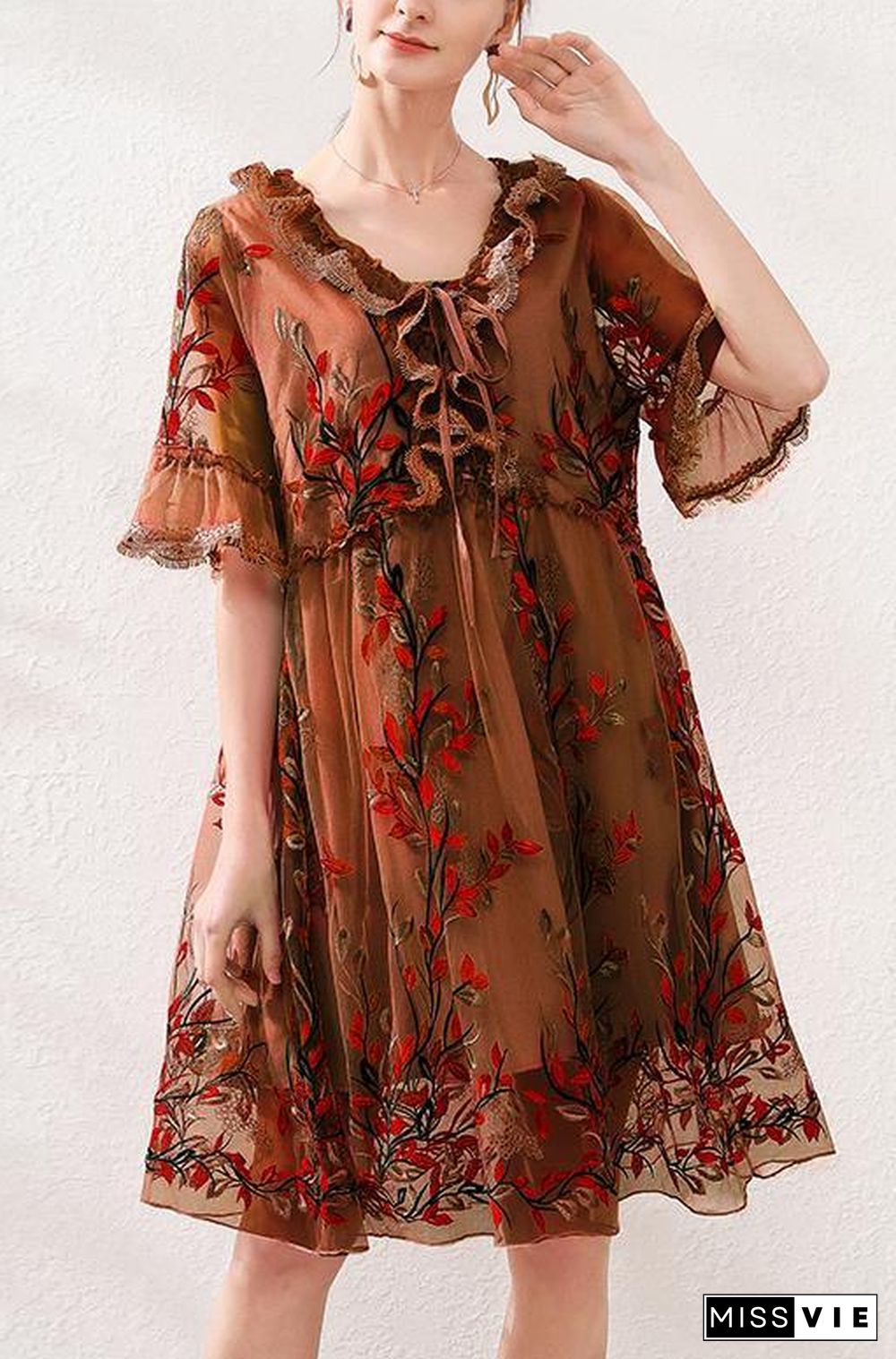 Organic Chocolate Embroidery Lace Butterfly Sleeve Summer Robe Dresses