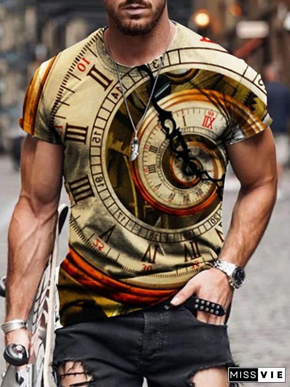 Men's crypto gear print T-shirt abstract clock tee casual crew neck tops