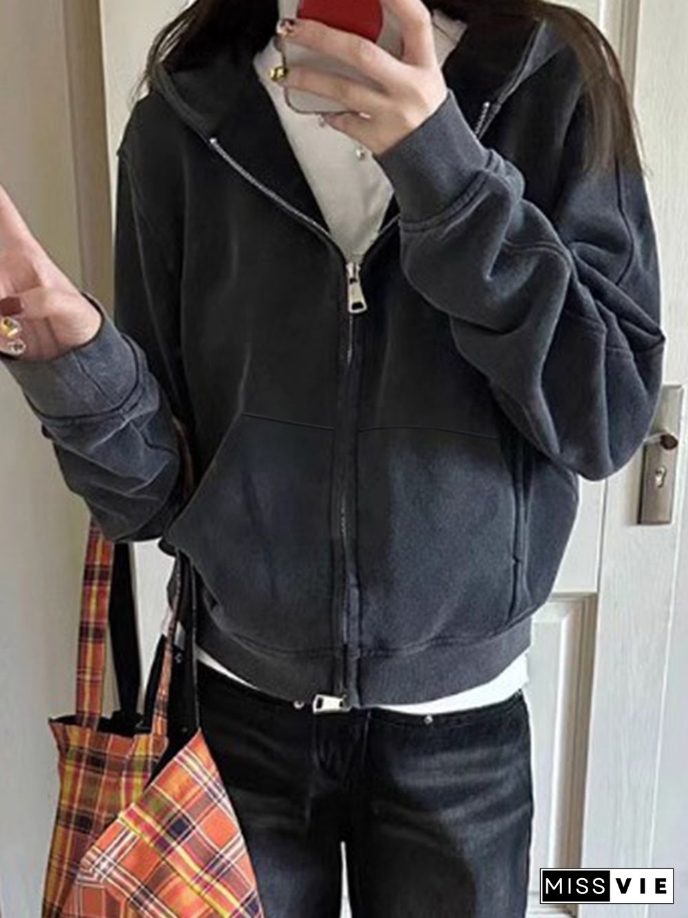 Distressed Zip Up Short Oversized Hoodie