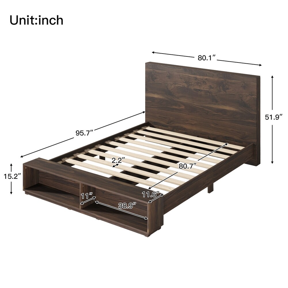 Walnut Wooden King Platform Bed with Storage Bench