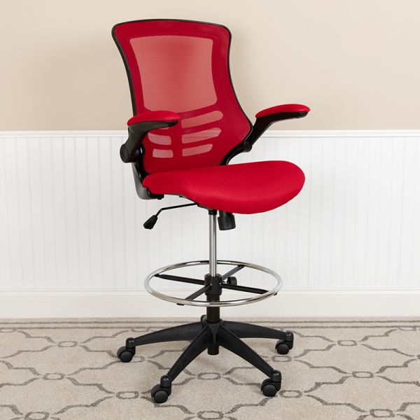 Kelista Mid-Back Red Mesh Ergonomic Drafting Chair with Adjustable Foot Ring and Flip-Up Arms