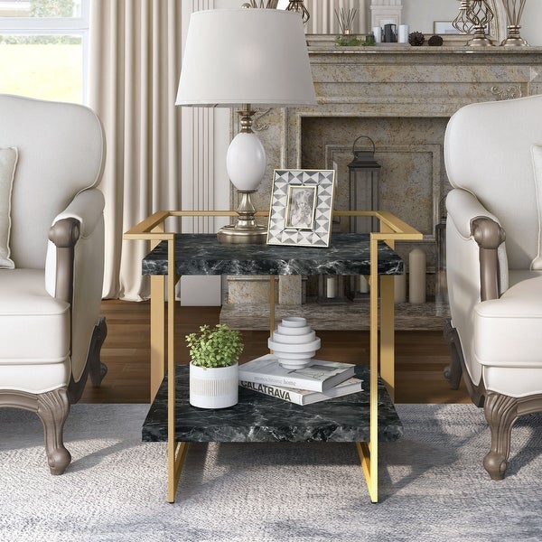 Furniture of America Lovell Gold and Black Faux Marble Side Table