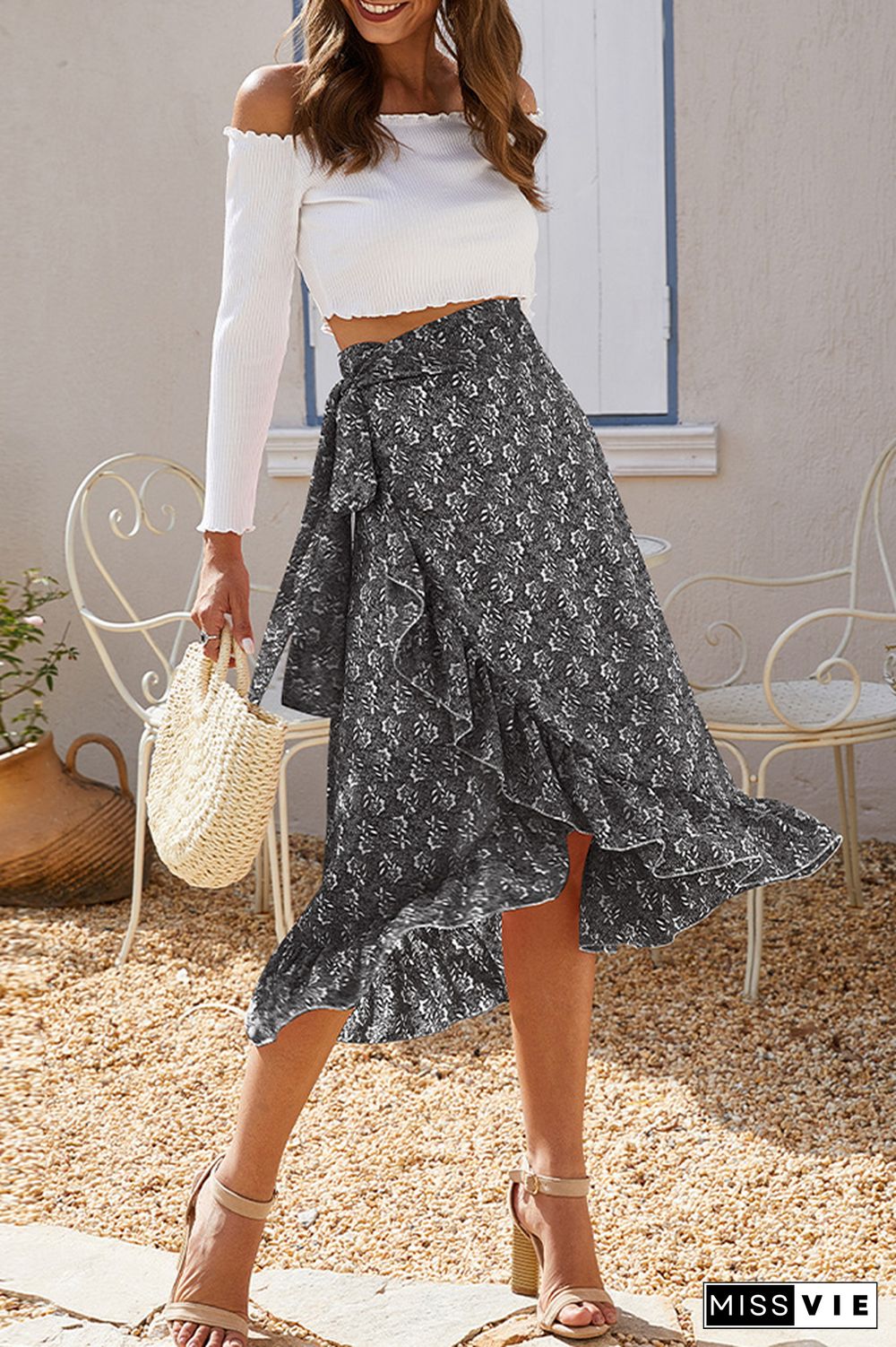 High Waist Split Printing Skirt Dress