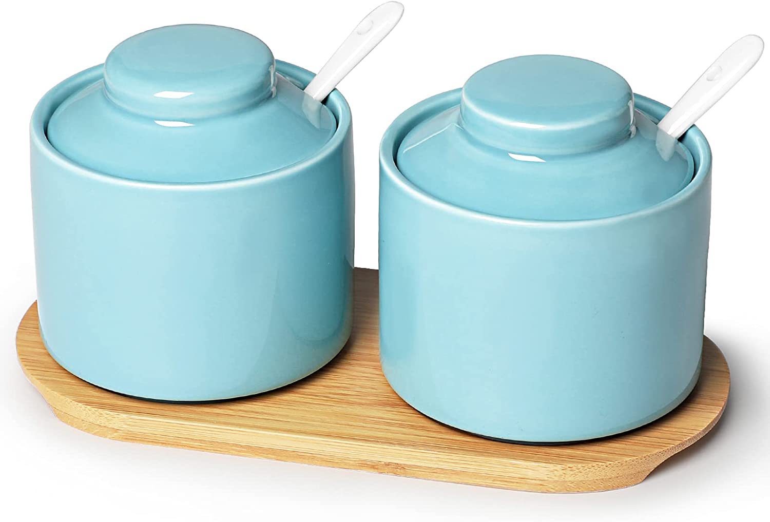 Ceramic Sugar Bowl with Lid and Spoon，Seasoning Box Salt Bowl with Tray Set of 2， 8oz Turquoise