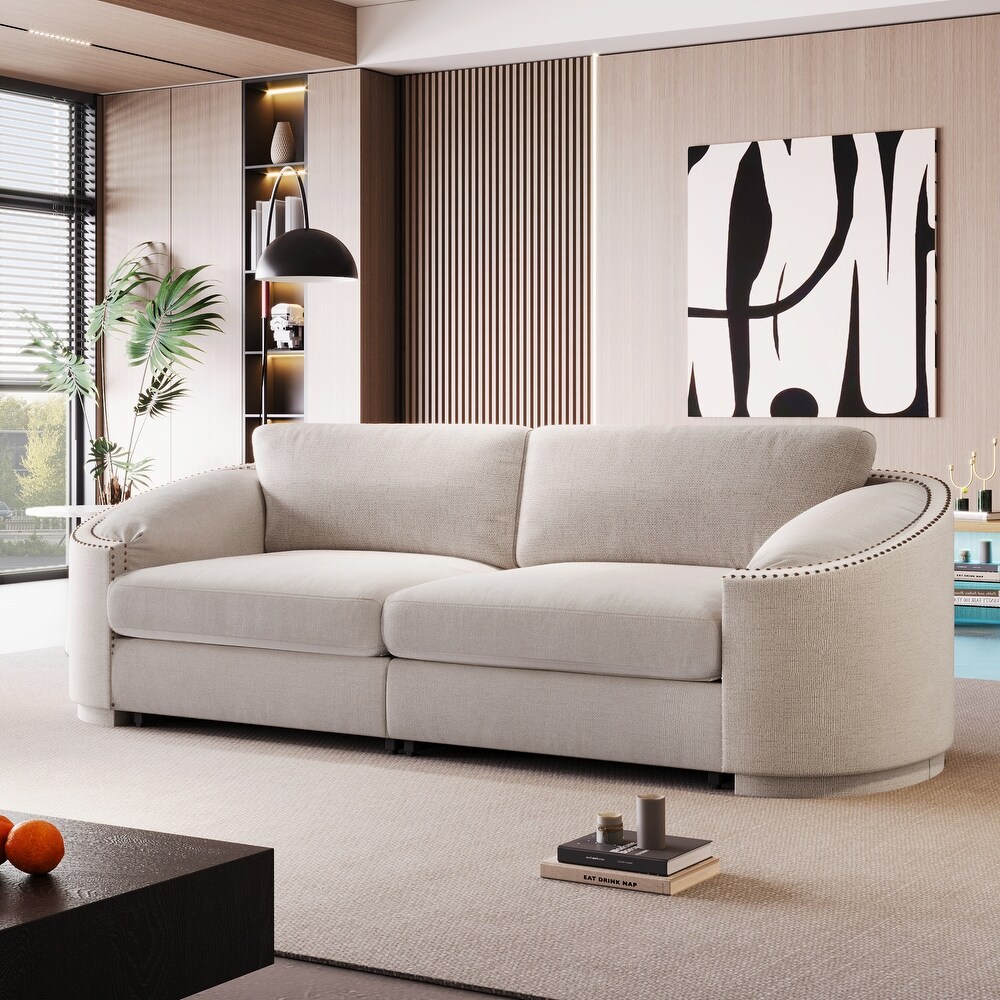 Modern 3 Seater/Plus Loveseat Sofa Polyester Upholstered Couch with Semilunar Arm and Rivet Detailing for Living Room